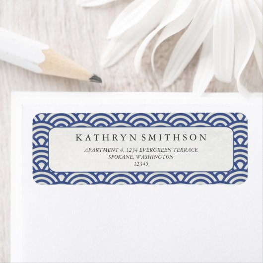 Japans Seigaiha Waves Elegant Donkerblauw & Wit Etiket (Insitu)