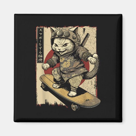 Japans Skateboard Samurai Cat Tattoo Kawaii Ninj Magneet (Voorkant)