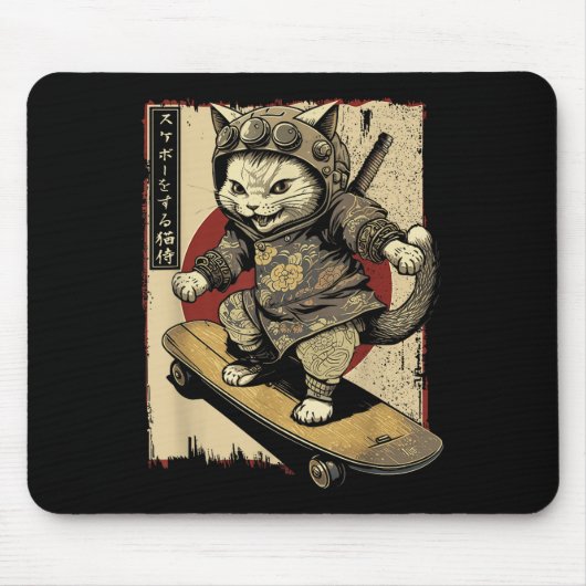 Japans Skateboard Samurai Cat Tattoo Kawaii Ninj Muismat (Voorkant)