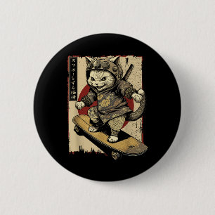 Japans Skateboard Samurai Cat Tattoo Kawaii Ninj Ronde Button 5,7 Cm