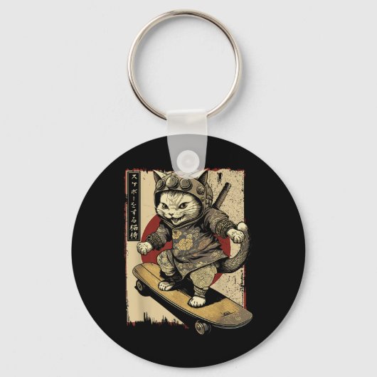Japans Skateboard Samurai Cat Tattoo Kawaii Ninj Sleutelhanger (Voorkant)