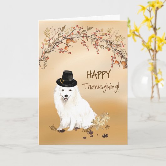 Japans Spitz Funny Pilgrim Pet Thanksgiving Kaart (Gele Bloem)