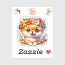 Japans Spitz met bloemetjes, puppy sticker