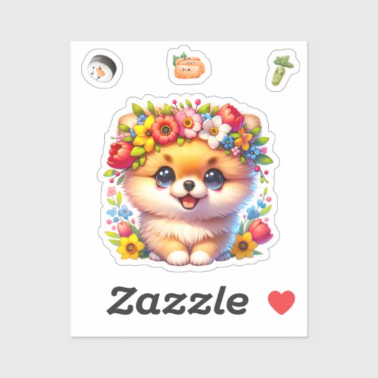 Japans Spitz met bloemetjes, puppy sticker (Vel)