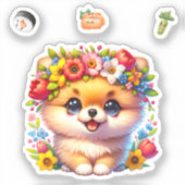 Japans Spitz met bloemetjes, puppy sticker (Voorkant)