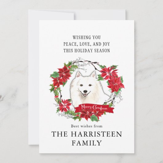 Japans Spitz Waterverf Poinsettia Kerst Feestdagenkaart (Voorkant)