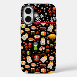 Japans sushi-visschotel op zwart iPhone 16 hoesje