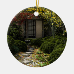 Japans theehuis en tuin in het najaar keramisch ornament