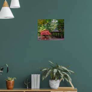 Japans tuinpaviljoen en herfst leves poster