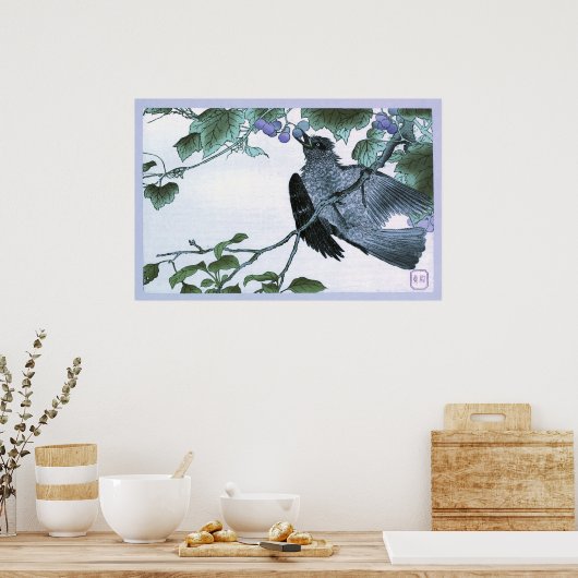 Japans Ukiyo-e print van een vogeletende druiven (Keuken)