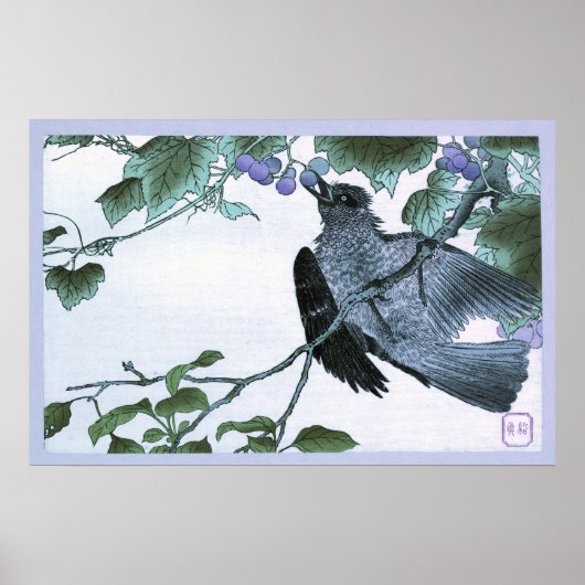 Japans Ukiyo-e print van een vogeletende druiven (Voorkant)