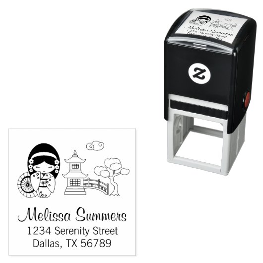 Japans Umbrella Girl in Kimono-adres Zelfinktende Stempel (In situ)