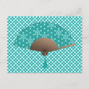 Japans ventilator in Asanoha patroon, Turquoise Briefkaart