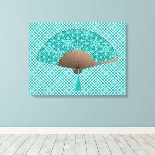 Japans ventilator in Asanoha patroon, Turquoise Canvas Afdruk (Insitu (Houten vloer))