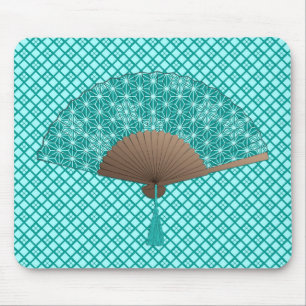 Japans ventilator in Asanoha patroon, Turquoise Muismat