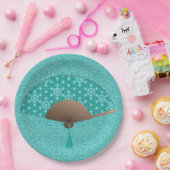 Japans ventilator in Asanoha patroon, Turquoise Papieren Bordje (Feest)