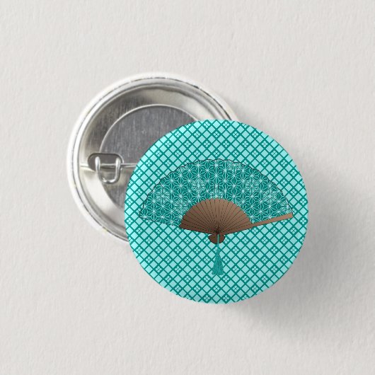 Japans ventilator in Asanoha patroon, Turquoise & Ronde Button 3,2 Cm (Voorkant /achterkant)