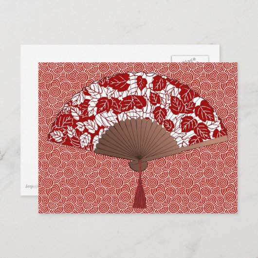 Japans ventilator in Leaf Print, donkerrood en wit Briefkaart (Voorkant / Achterkant)
