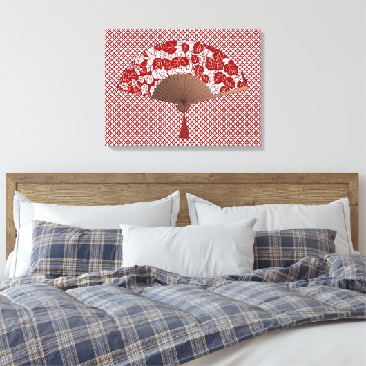 Japans ventilator in Leaf Print, donkerrood en wit Canvas Afdruk (Insitu (Slaapkamer))
