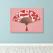 Japans ventilator in Leaf Print, donkerrood en wit Canvas Afdruk (Insitu (Houten vloer))