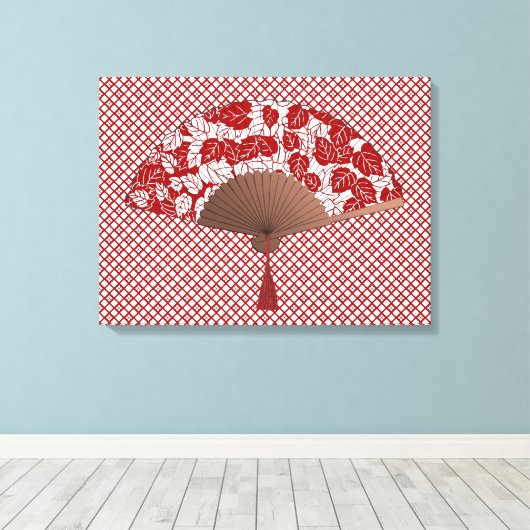 Japans ventilator in Leaf Print, donkerrood en wit Canvas Afdruk (Insitu (Houten vloer))