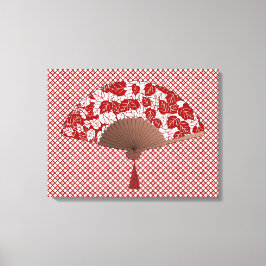 Japans ventilator in Leaf Print, donkerrood en wit Canvas Afdruk