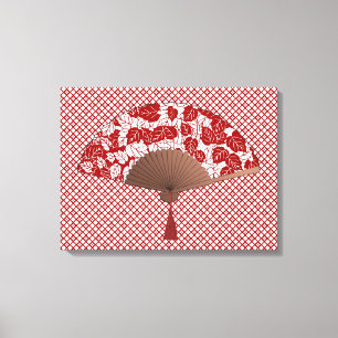 Japans ventilator in Leaf Print, donkerrood en wit Canvas Afdruk