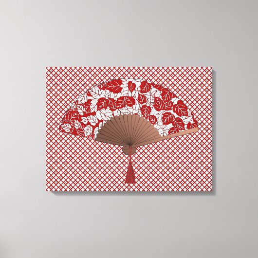 Japans ventilator in Leaf Print, donkerrood en wit Canvas Afdruk (Voorkant)