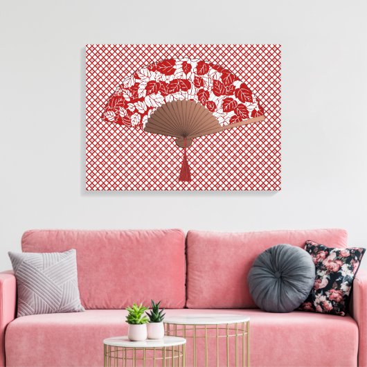 Japans ventilator in Leaf Print, donkerrood en wit Canvas Afdruk (Insitu (Woonkamer))