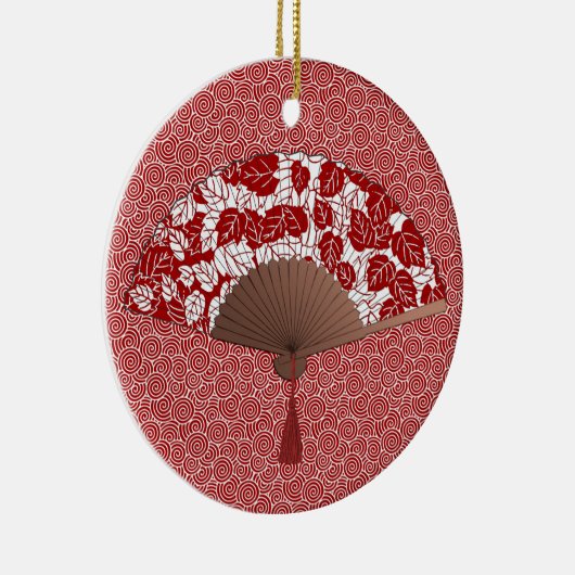 Japans ventilator in Leaf Print, donkerrood en wit Keramisch Ornament (Rechts)
