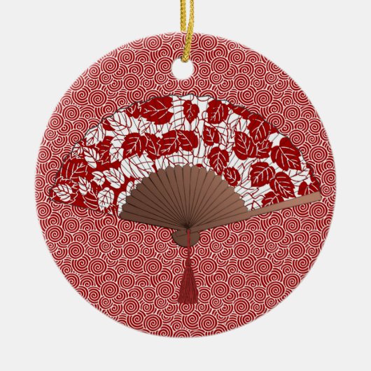 Japans ventilator in Leaf Print, donkerrood en wit Keramisch Ornament (Voorkant)