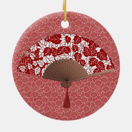 Japans ventilator in Leaf Print, donkerrood en wit Keramisch Ornament (Achterkant)