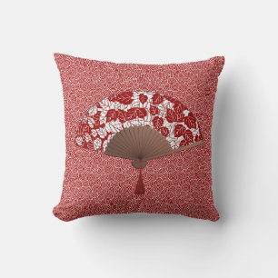 Japans ventilator in Leaf Print, donkerrood en wit Kussen