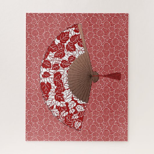 Japans ventilator in Leaf Print, donkerrood en wit Legpuzzel (Verticaal)