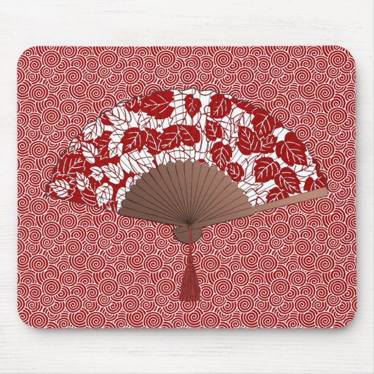 Japans ventilator in Leaf Print, donkerrood en wit Muismat (Voorkant)