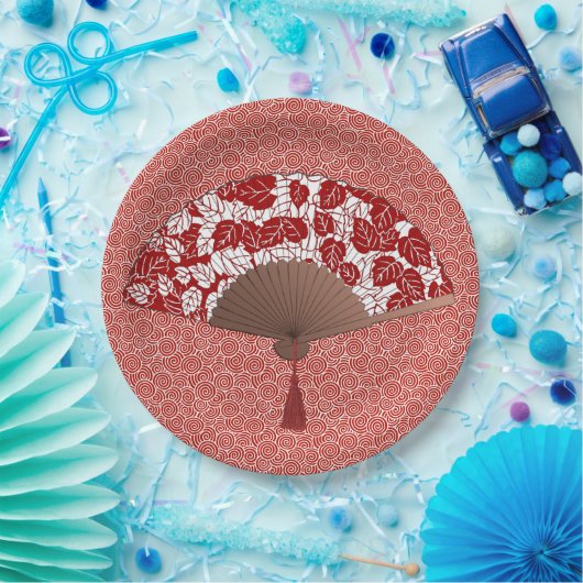 Japans ventilator in Leaf Print, donkerrood en wit Papieren Bordje (Feest)