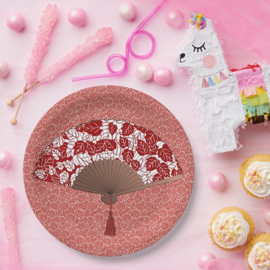 Japans ventilator in Leaf Print, donkerrood en wit Papieren Bordje (Feest)
