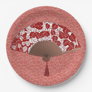 Japans ventilator in Leaf Print, donkerrood en wit Papieren Bordje