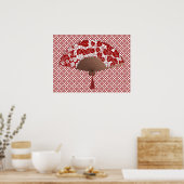 Japans ventilator in Leaf Print, donkerrood en wit Poster (Keuken)