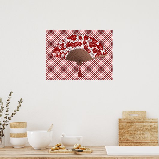 Japans ventilator in Leaf Print, donkerrood en wit Poster (Keuken)