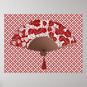Japans ventilator in Leaf Print, donkerrood en wit Poster
