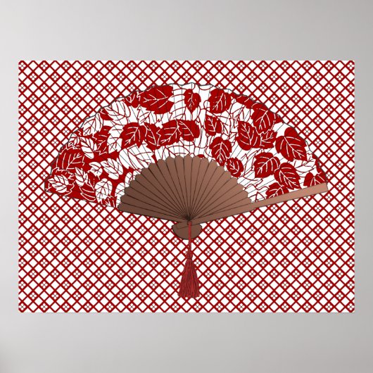 Japans ventilator in Leaf Print, donkerrood en wit Poster (Voorkant)