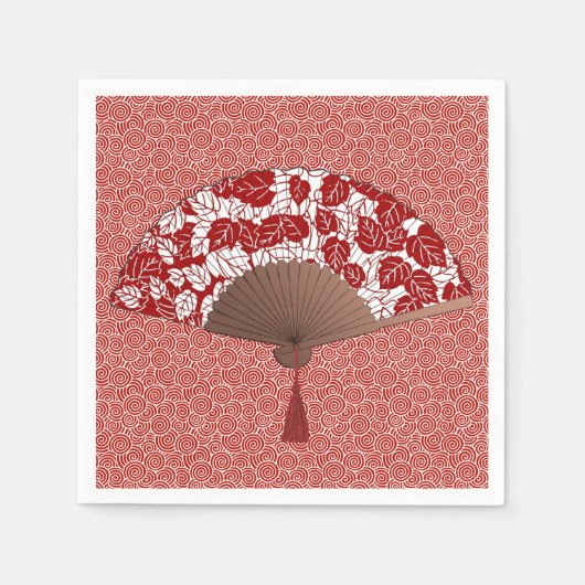 Japans ventilator in Leaf Print, donkerrood en wit Servet (Voorkant)