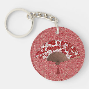 Japans ventilator in Leaf Print, donkerrood en wit Sleutelhanger