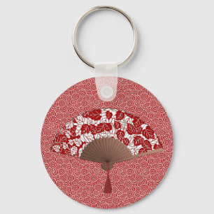 Japans ventilator in Leaf Print, donkerrood en wit Sleutelhanger
