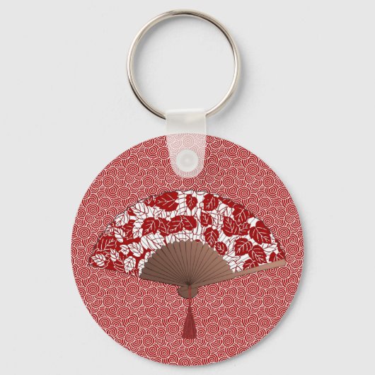 Japans ventilator in Leaf Print, donkerrood en wit Sleutelhanger (Voorkant)