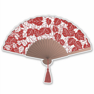 Japans ventilator in Leaf Print, donkerrood en wit Sticker
