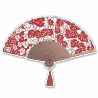 Japans ventilator in Leaf Print, donkerrood en wit Sticker