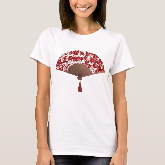 Japans ventilator in Leaf Print, donkerrood en wit T-shirt (Voorkant)