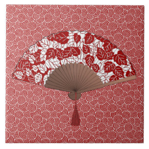 Japans ventilator in Leaf Print, donkerrood en wit Tegeltje